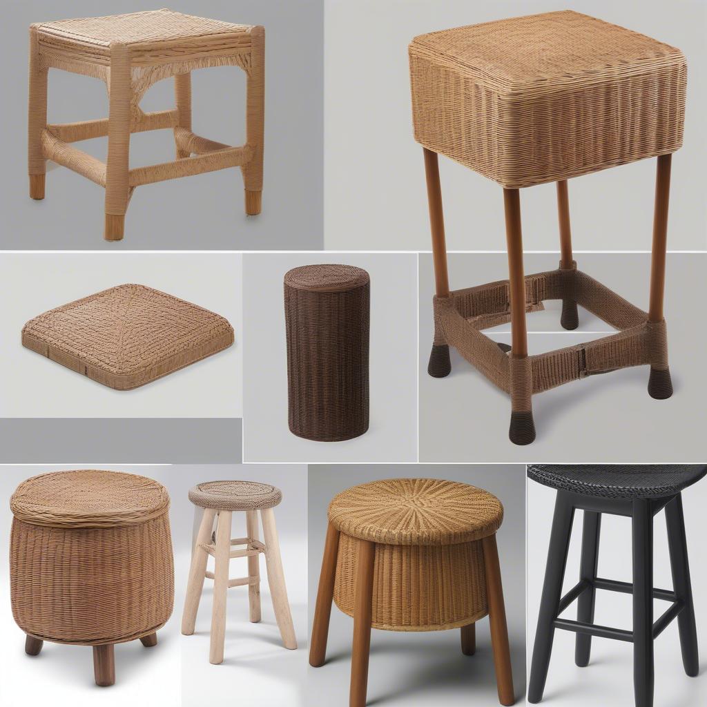 Various styles of wicker storage stools, highlighting different shapes, sizes, and materials.