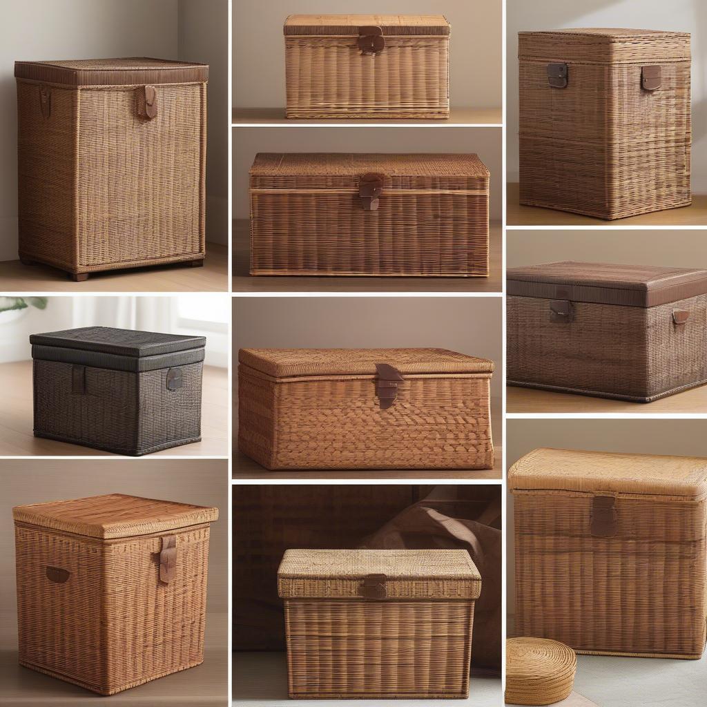 Various styles of wicker storage boxes, showcasing different shapes, sizes, and weaving patterns.