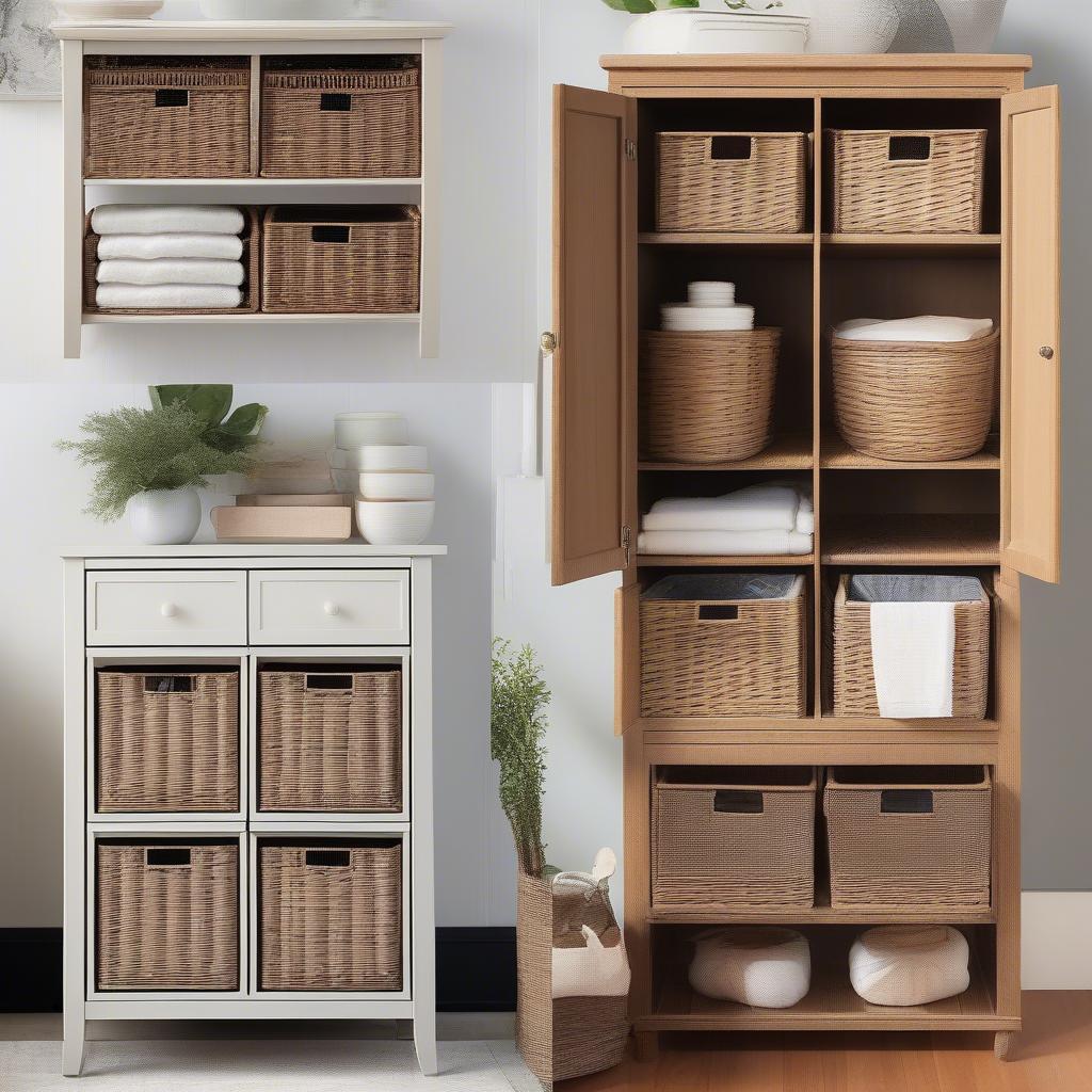 Various styles of wicker storage cabinets