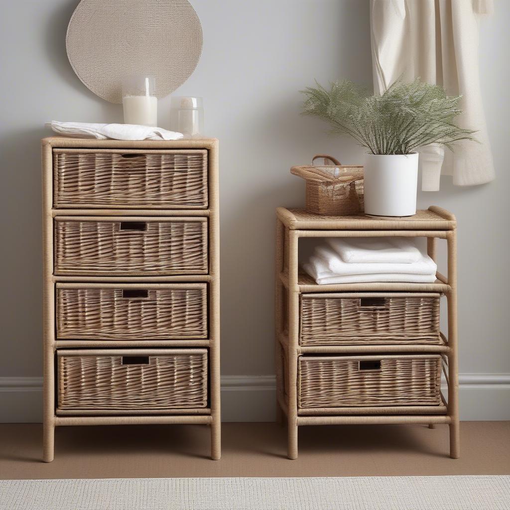 Various sizes of wicker storage drawers, ranging from small bedside units to large multi-drawer chests.