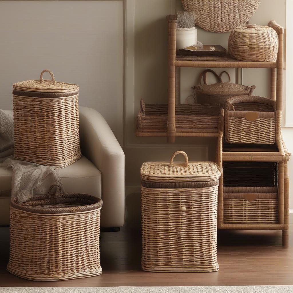 Different styles of wicker storage baskets and trunks