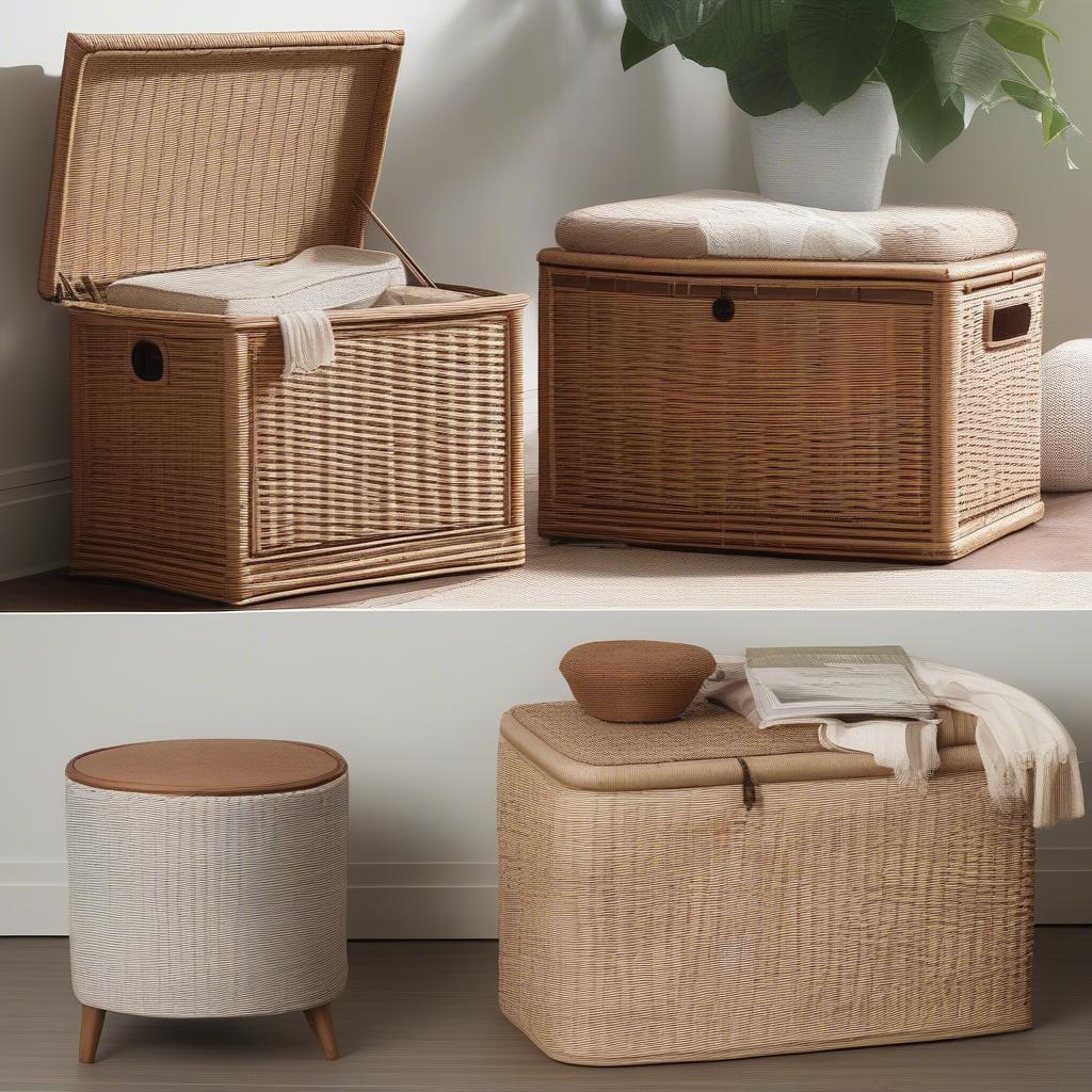 Various styles of wicker storage units, including baskets, chests, and ottomans, showcasing different weaves and colors.