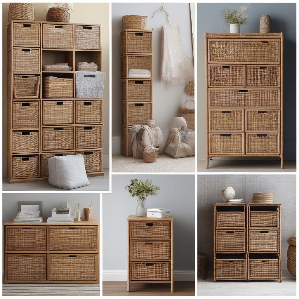 Variety of wicker storage units with drawers in different sizes and styles.