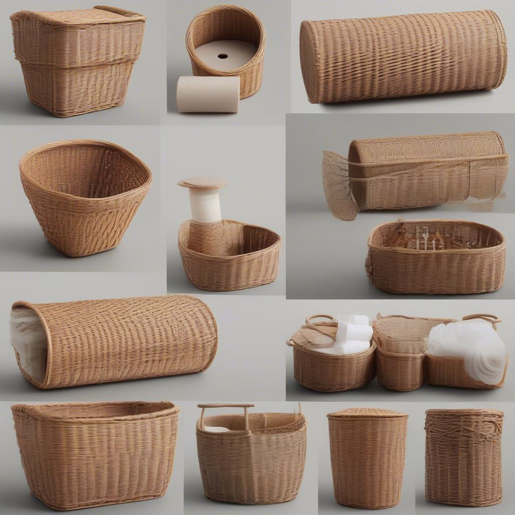 Different styles of wicker toilet roll storage baskets, including freestanding, wall-mounted, and lidded options.