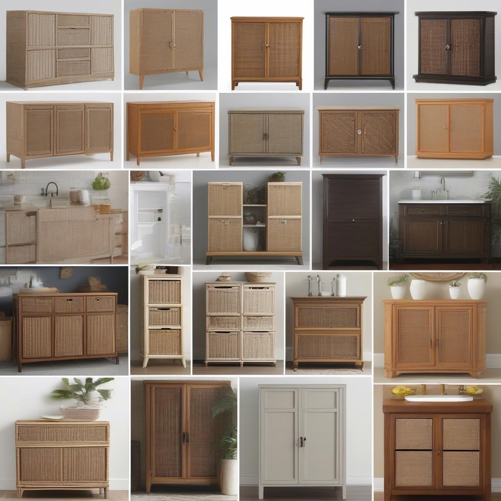 Various styles of wicker wall cabinets.