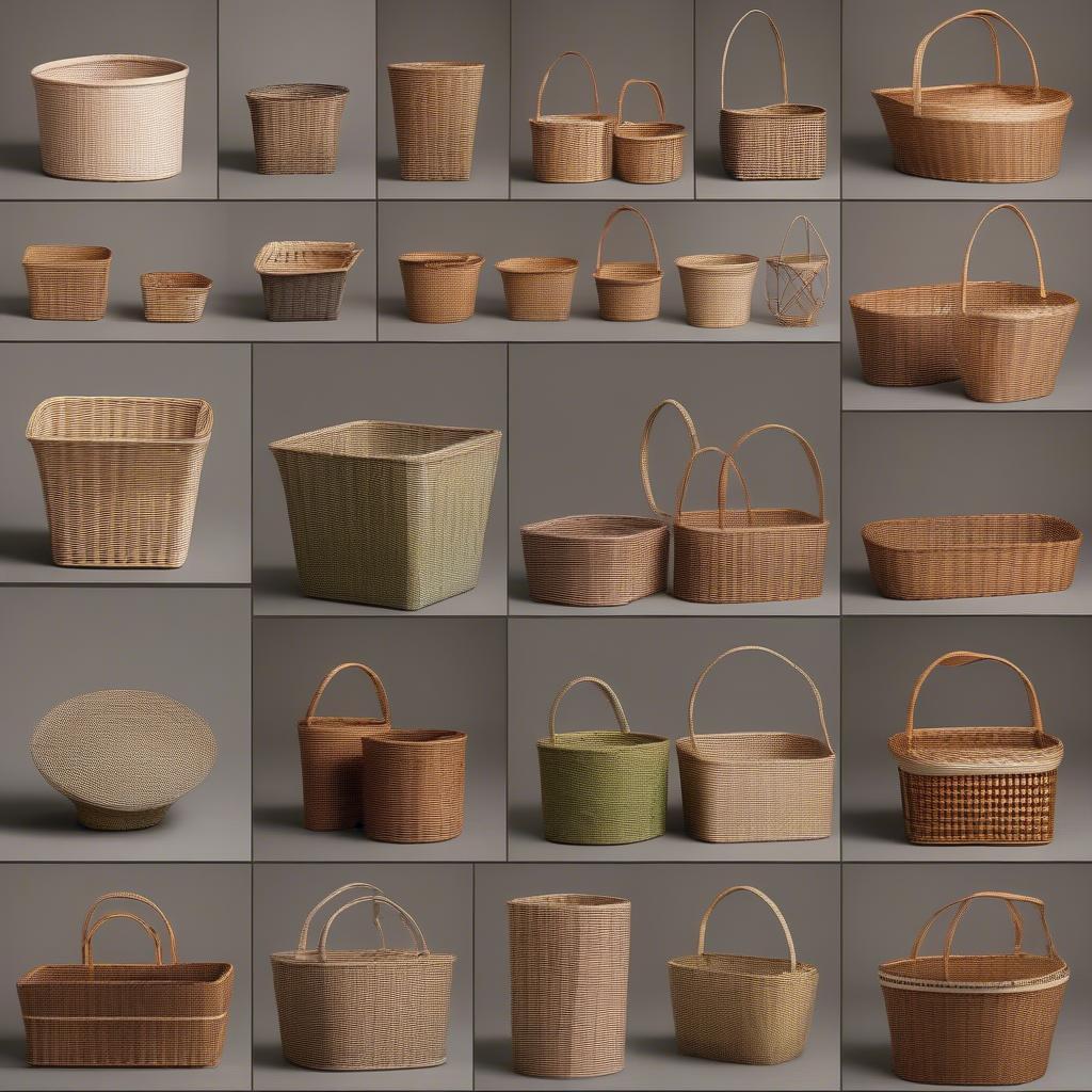 Various styles of wicker waste paper baskets.