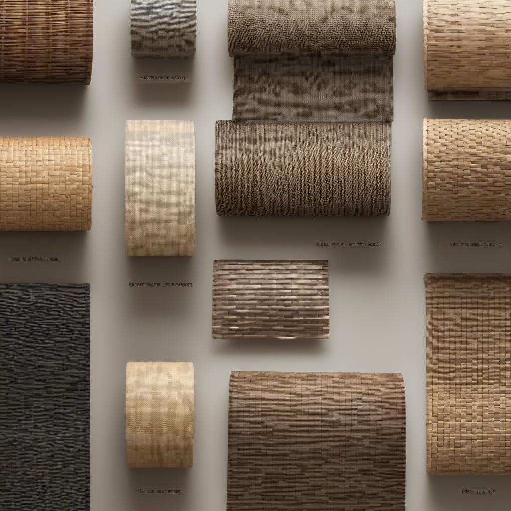 Various wicker weaves showcasing different textures and densities, highlighting the versatility of wicker for scroll blinds.