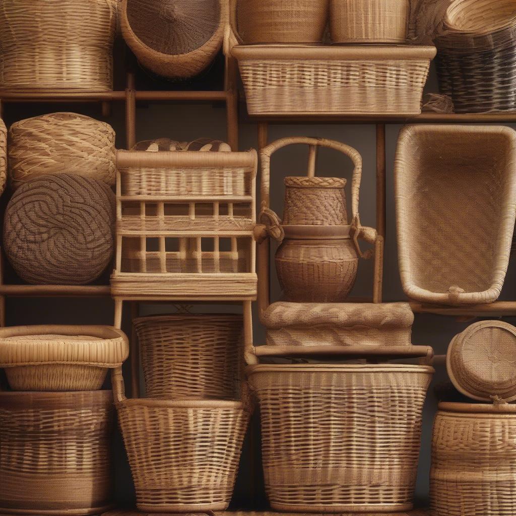 Close-up view of various wicker weaving patterns, showcasing the craftsmanship and different styles available.