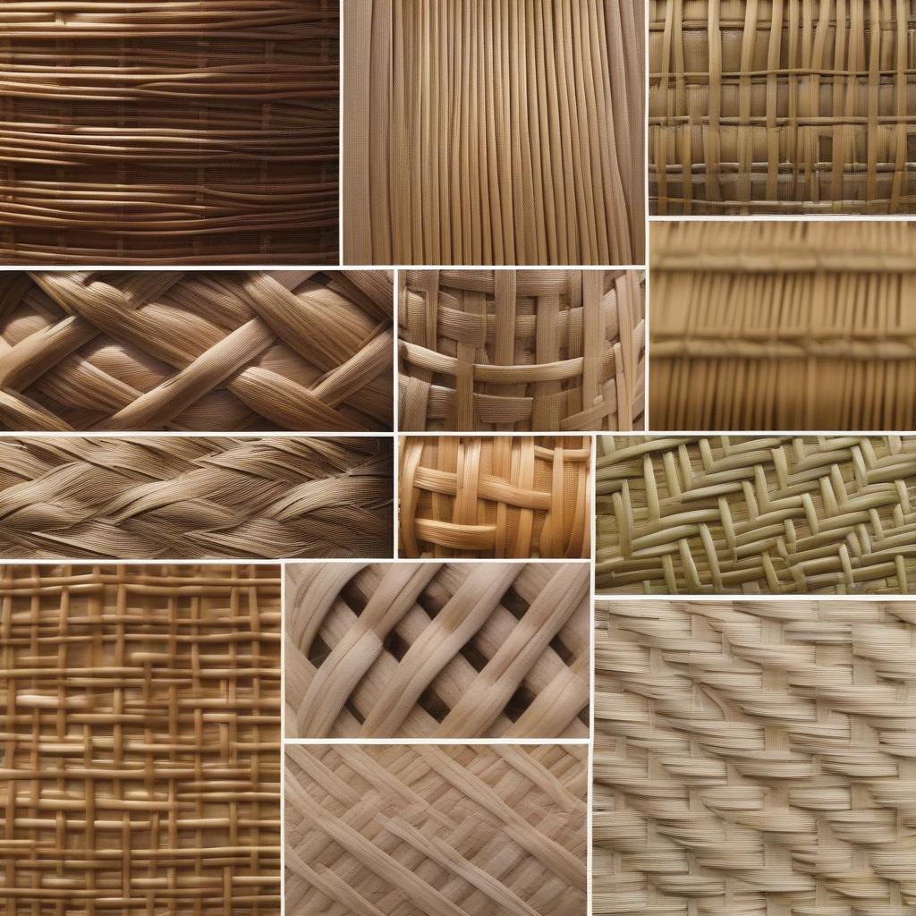 Close-up view of various wicker weaving techniques, highlighting the differences in texture and pattern.