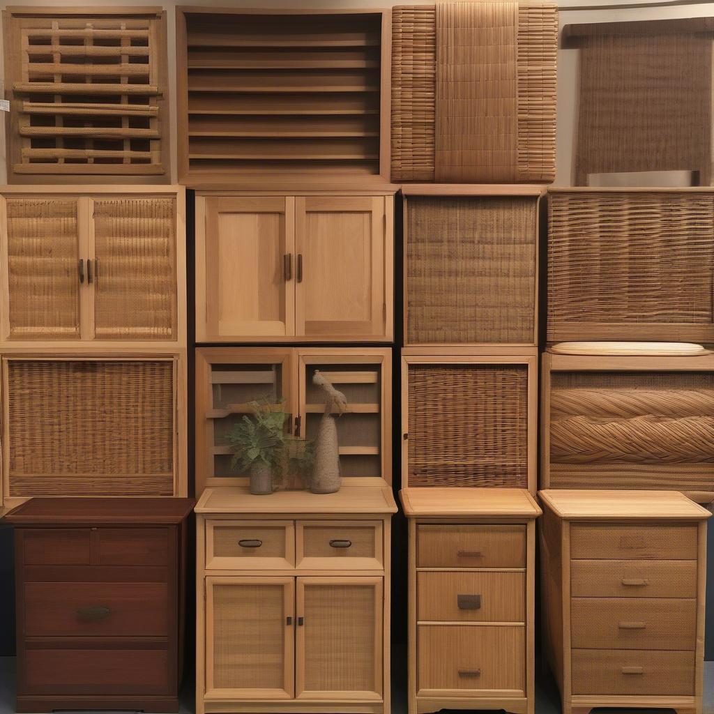 Various types of wood and wicker used in cabinet construction.