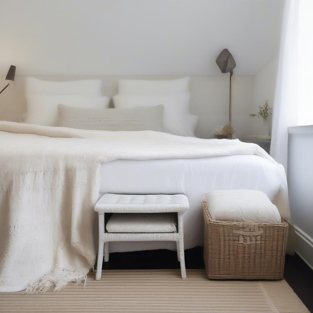 Distressed White Wicker Storage Bench in Bedroom