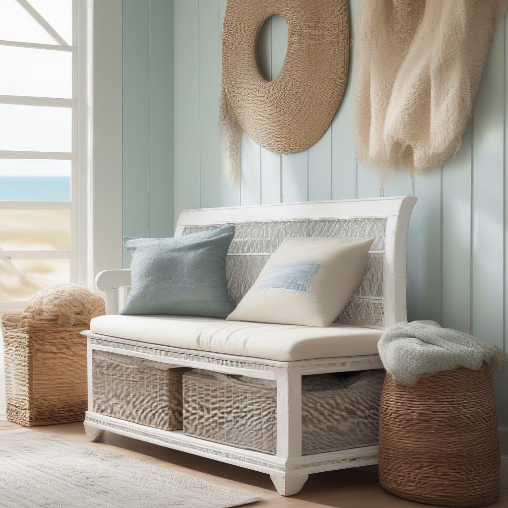 Distressed White Wicker Storage Bench in Entryway