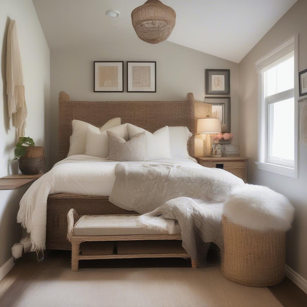 Distressed wicker storage bench at the foot of a bed