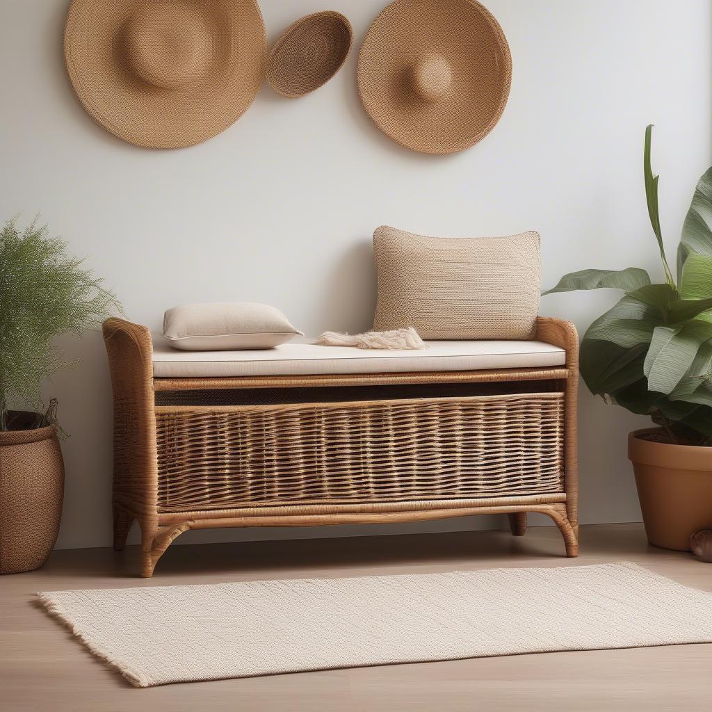 Distressed wicker storage bench in a living room setting