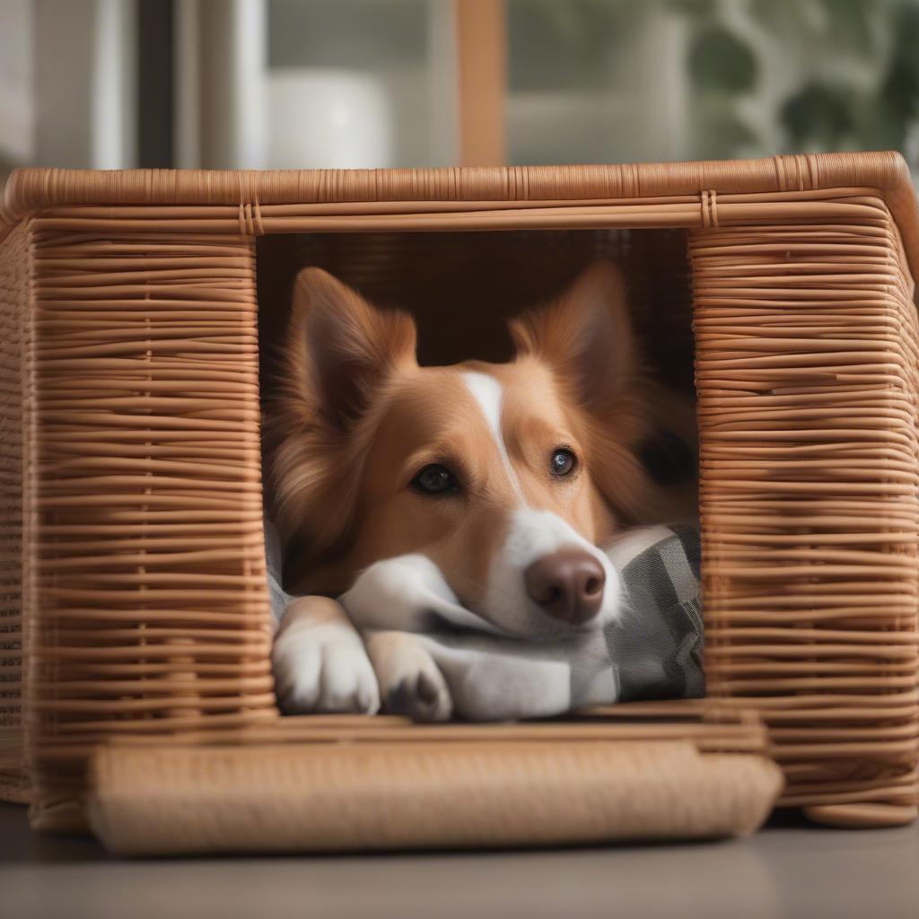 Dog Comfortably Resting in a Wicker Dog Crate