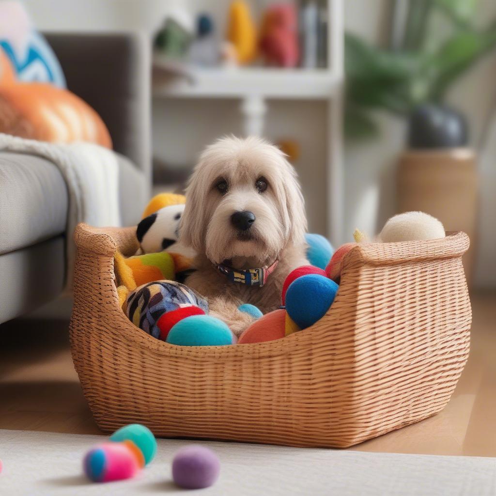 Wicker dog toy basket in a living room setting