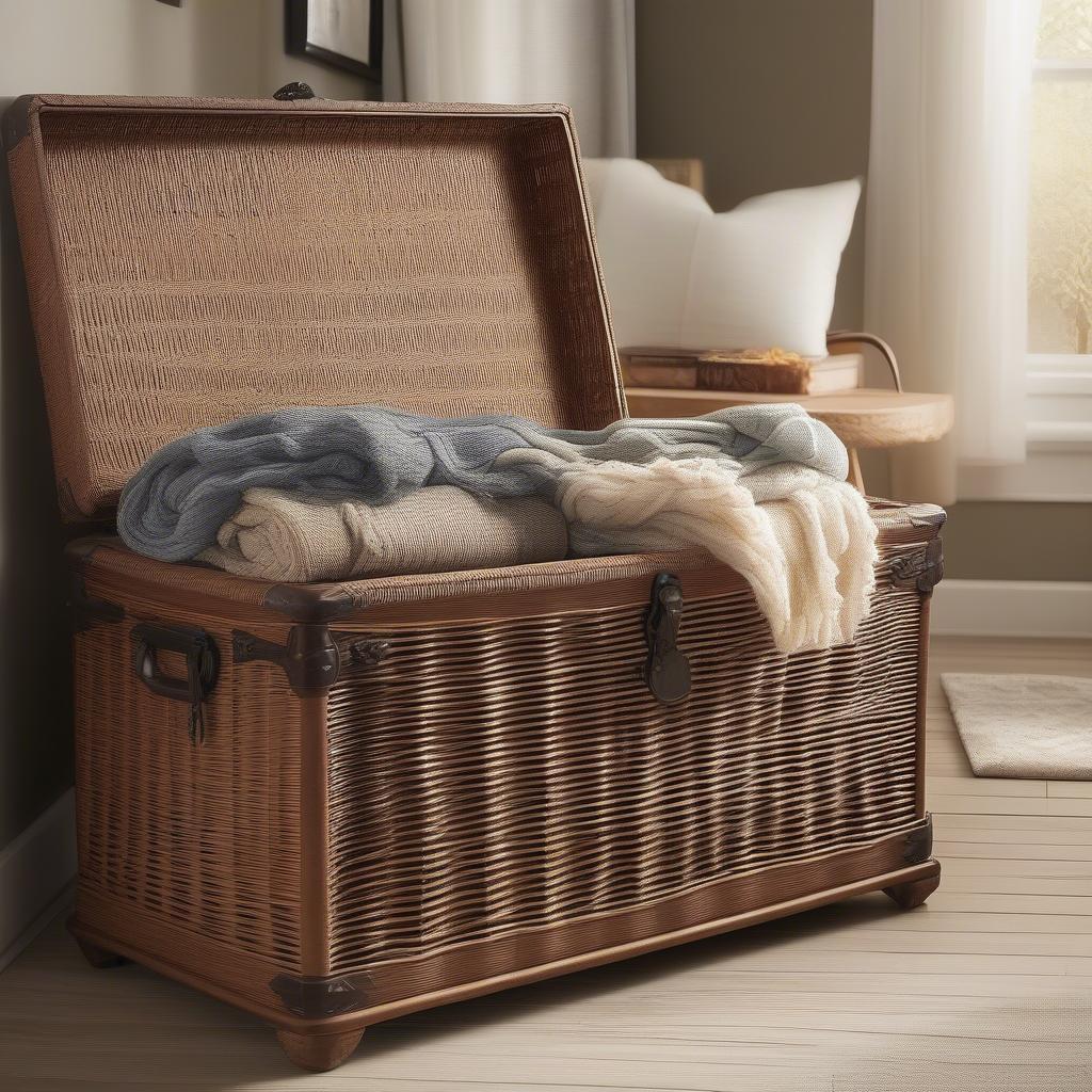 Domed wicker storage trunk in a living room setting, showcasing its elegant design and practicality.