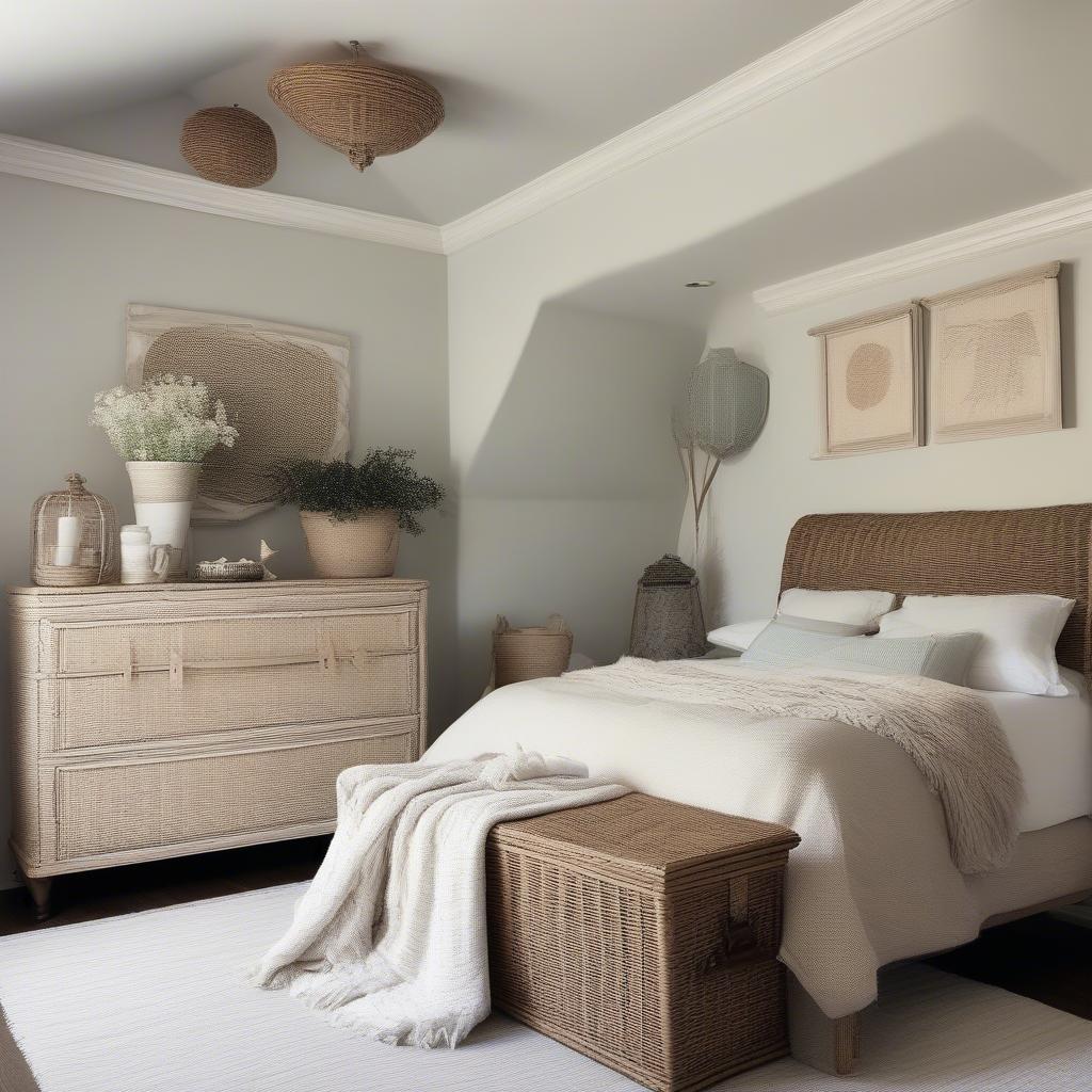 A domed wicker storage trunk used as a decorative element at the foot of a bed in a bedroom.