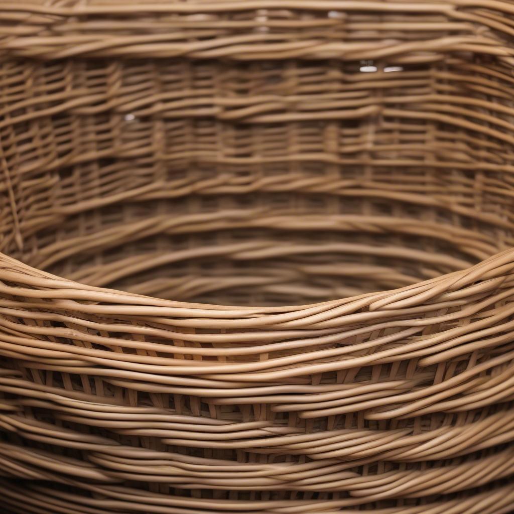 Close-up view of the tight weave of a durable wicker basket, highlighting its strength and quality.