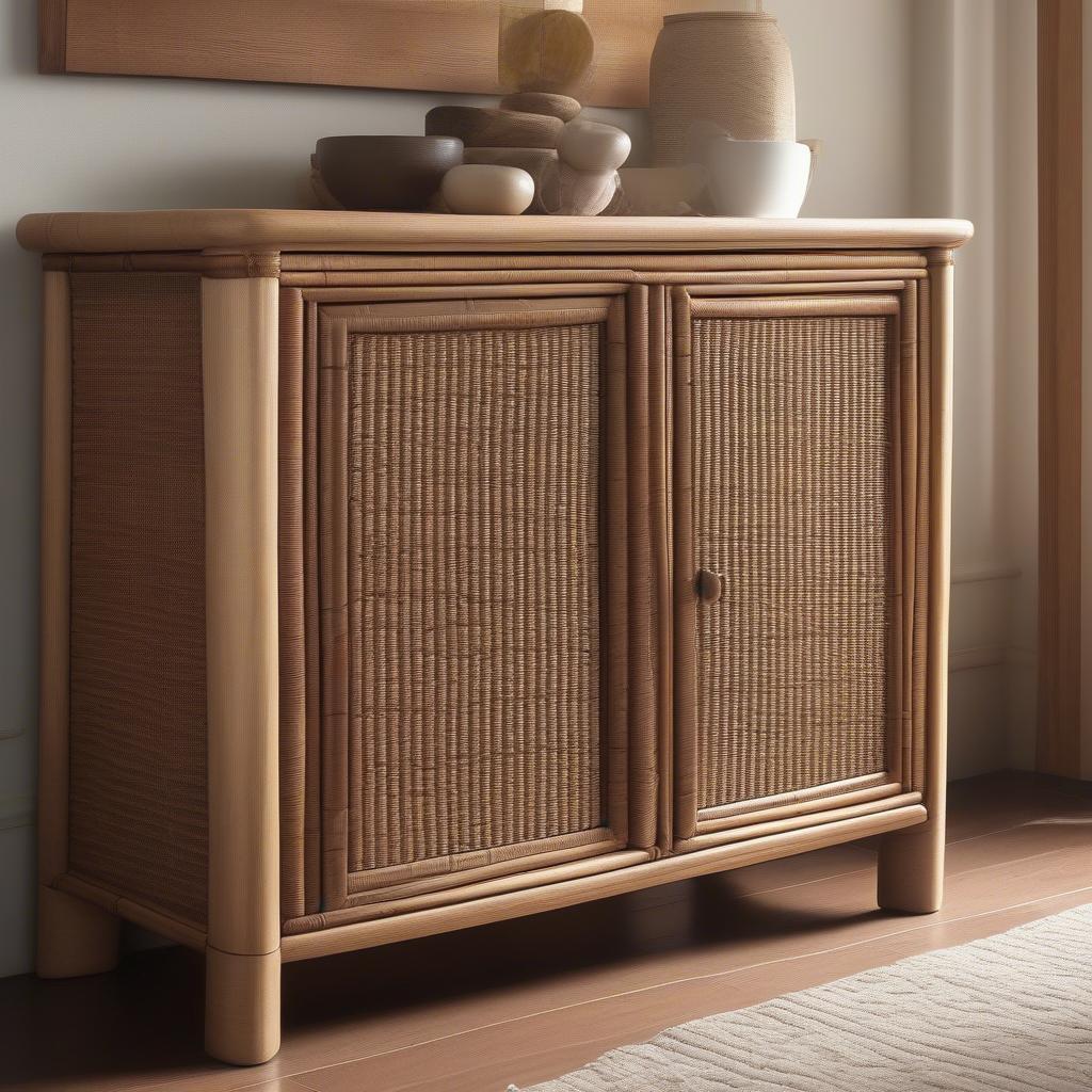 Elanamar wicker cabinet bathed in natural light, showcasing its intricate weave and natural beauty.