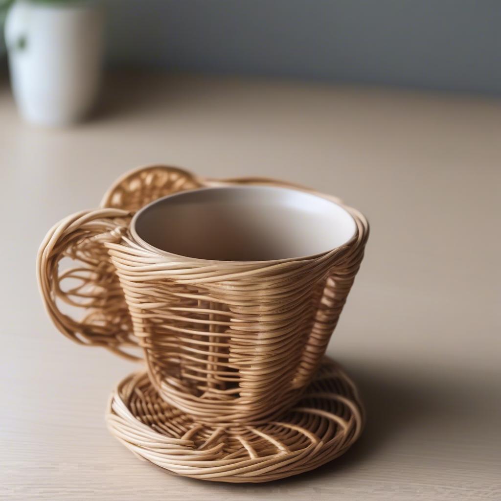 Close-up of an elefant wicker coffee cup holder showcasing the intricate weave and natural texture.