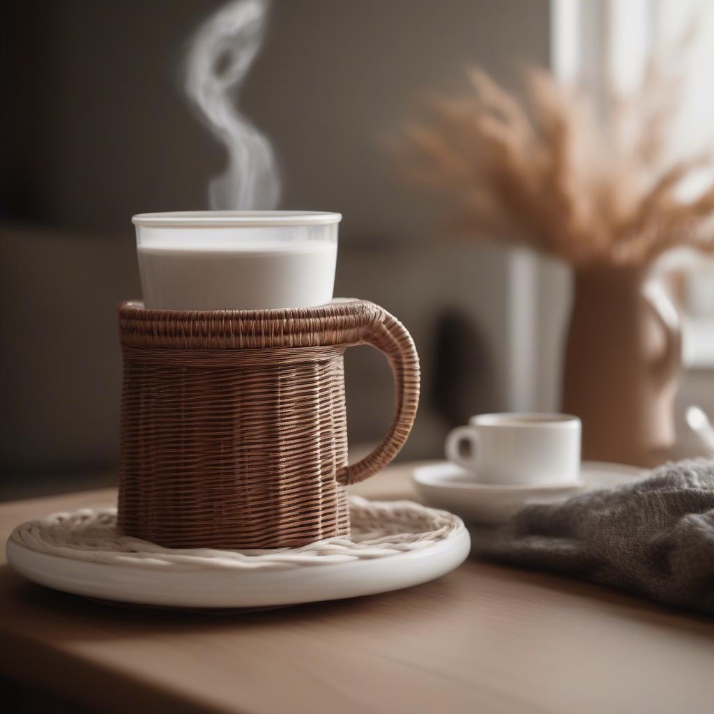 An elefant wicker coffee cup holder in use, with a steaming cup of coffee placed inside.