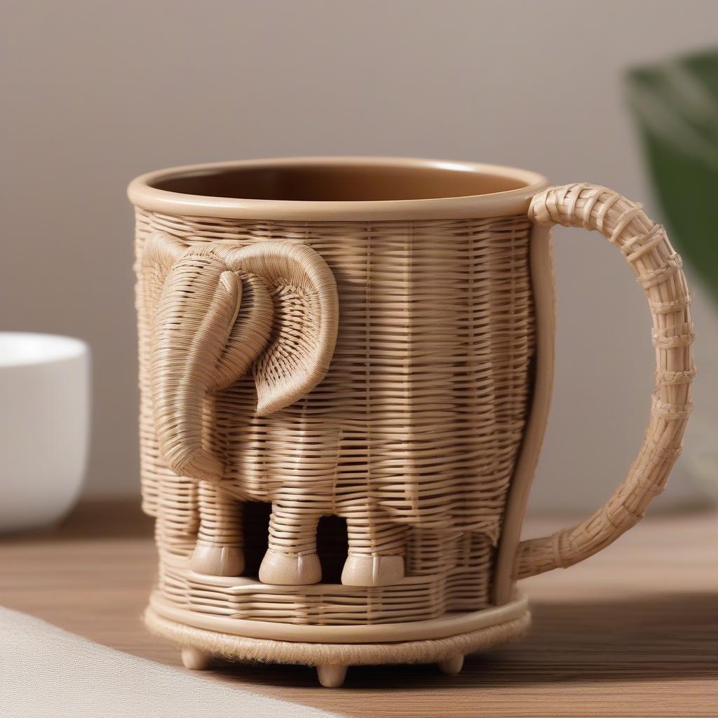 Close-up of an elephant wicker coffee cup holder