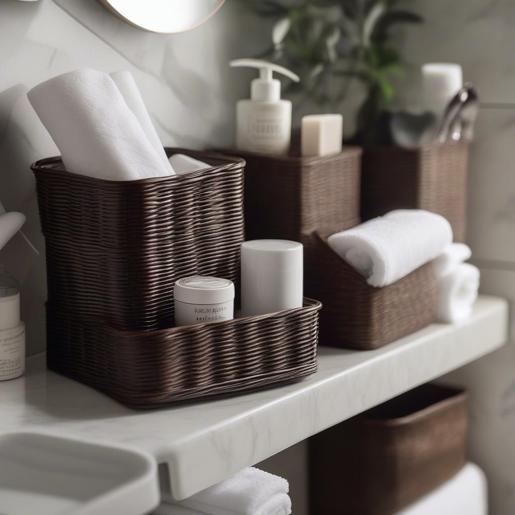 Espresso wicker baskets used for bathroom organization