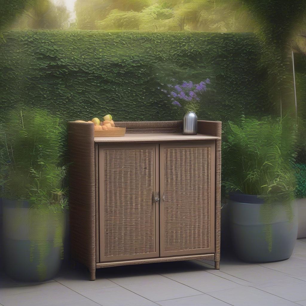 Espresso wicker cabinet in a garden