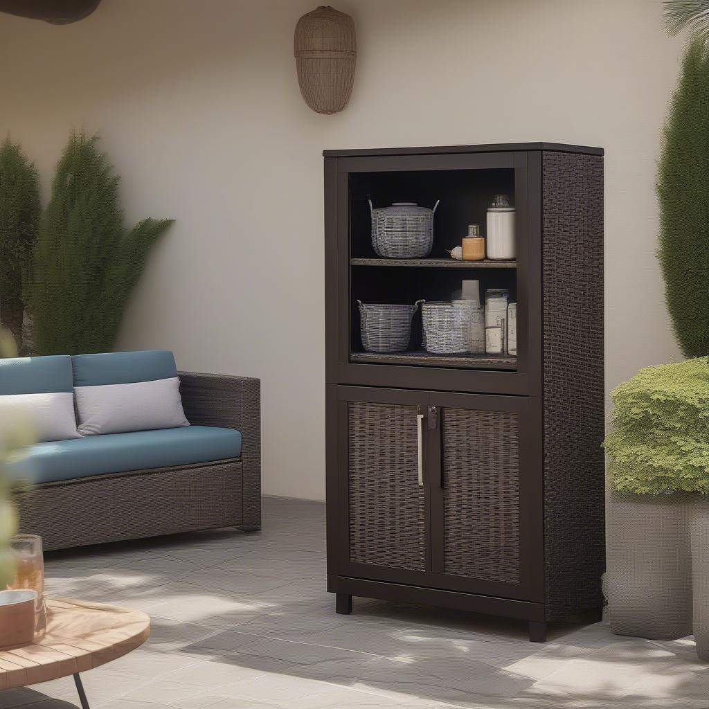 Espresso wicker cabinet in a patio setting