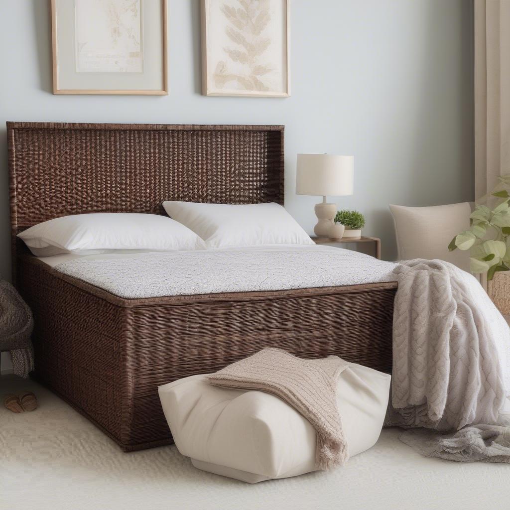 Espresso Wicker Storage Baskets in a Bedroom