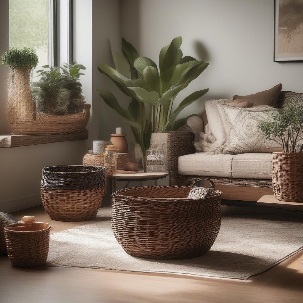 Espresso wicker storage baskets in a living room setting