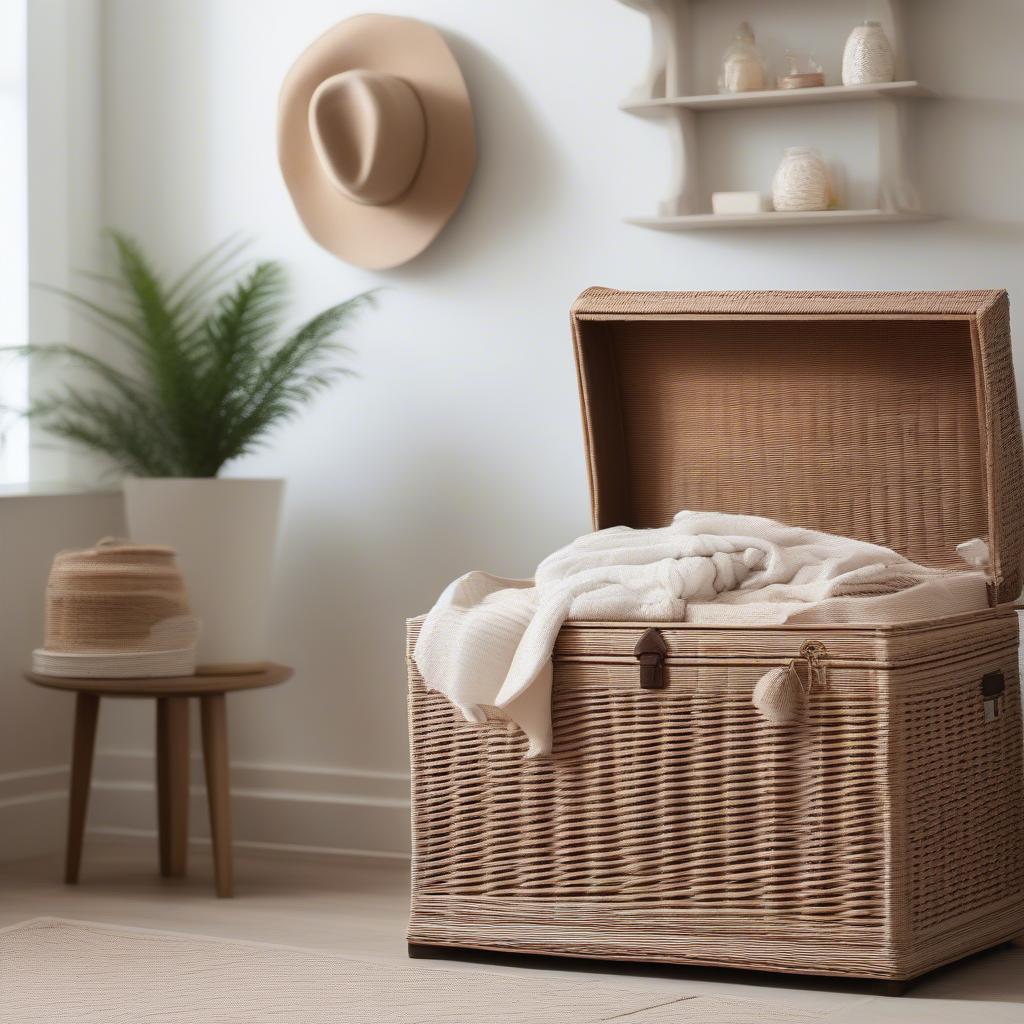 Extra Large White Wicker Storage Trunk in a Living Room Setting