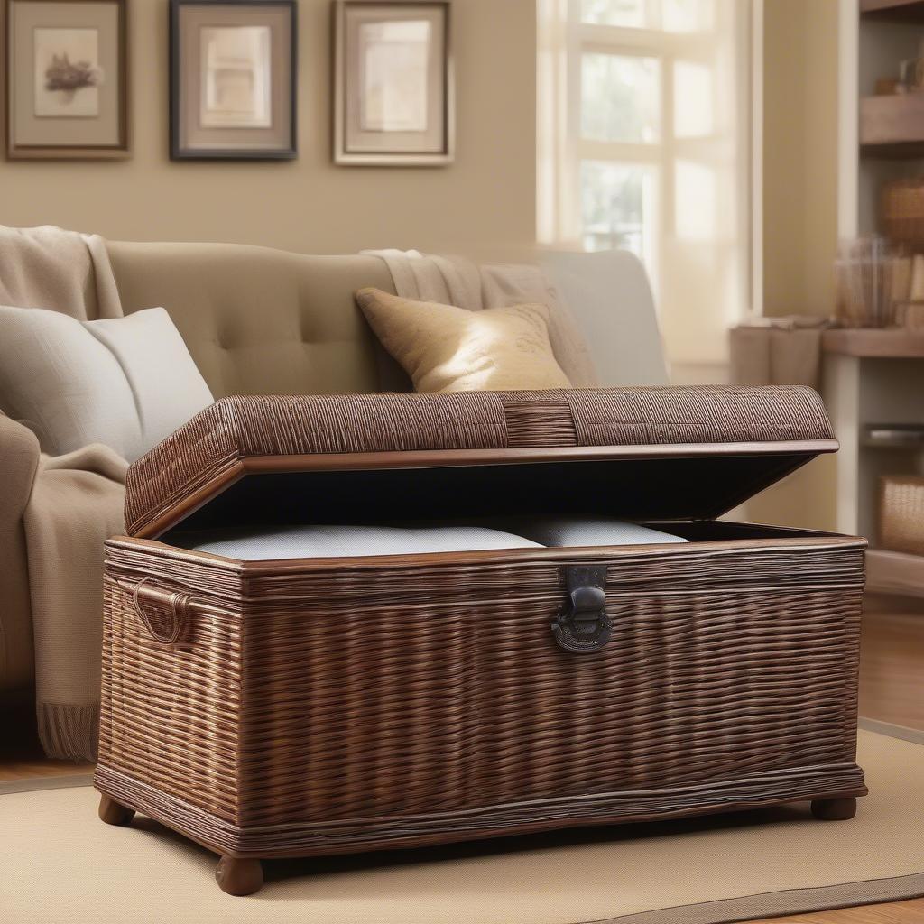 Extra large wicker storage chest in a living room setting