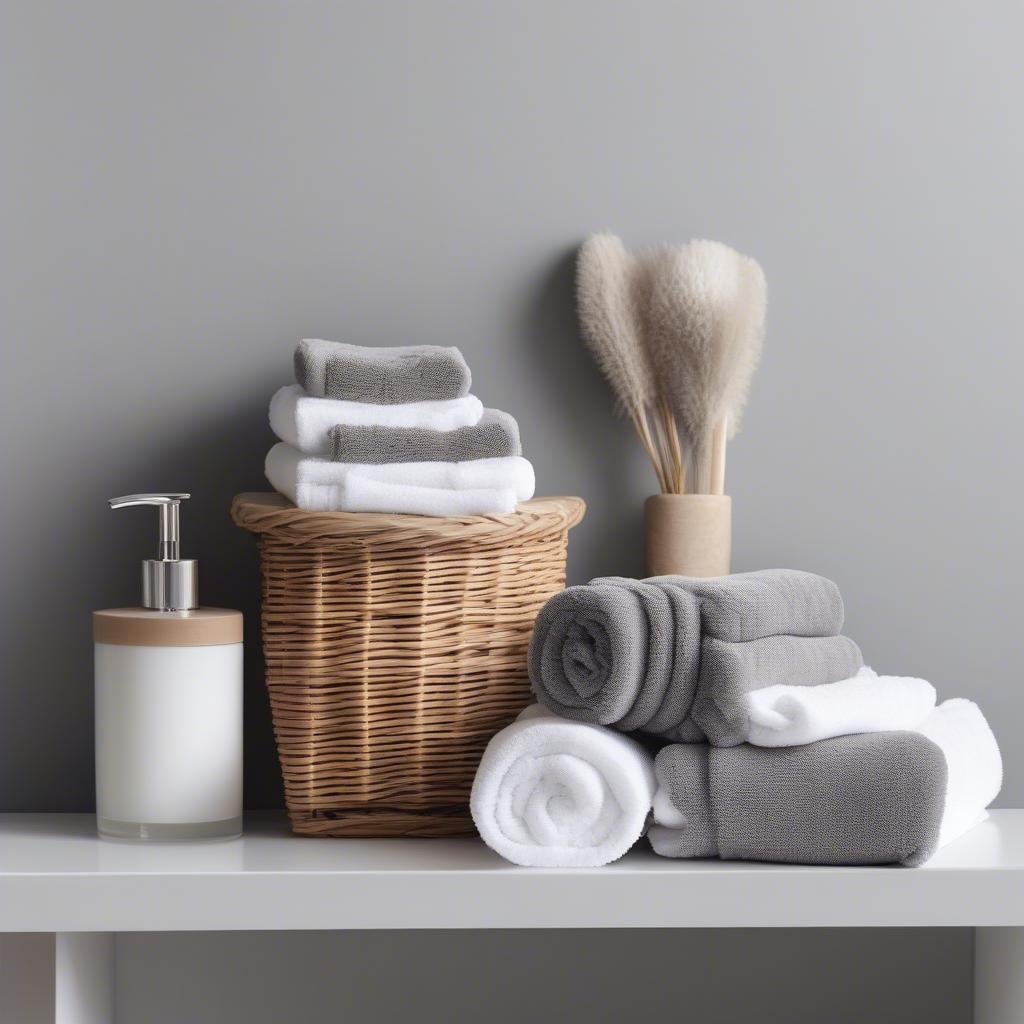 Fabric lined wicker baskets in a bathroom