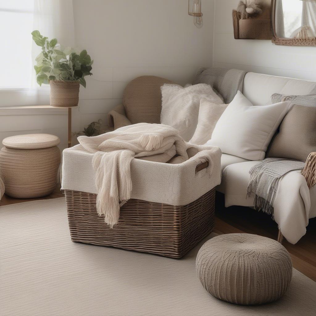 Fabric lined wicker storage basket in a living room setting