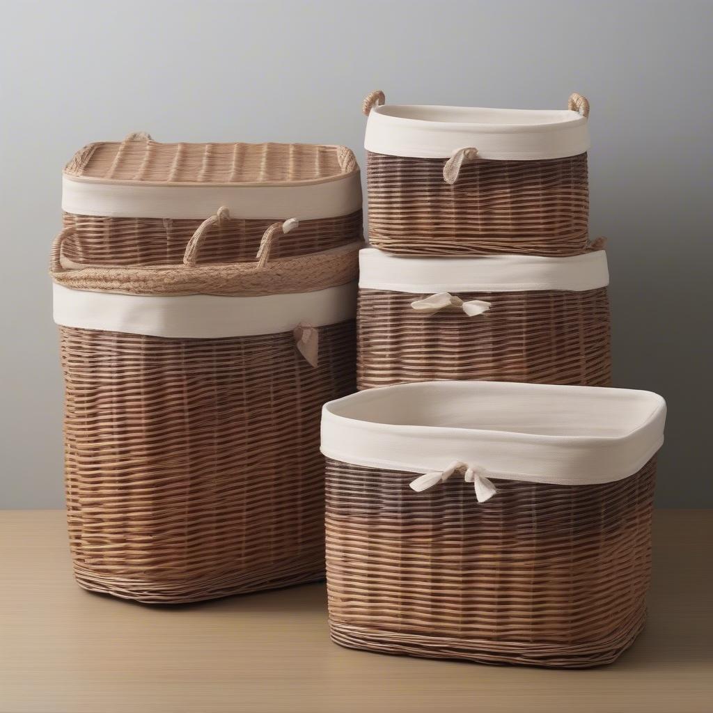 Various Fabric Lined Wicker Storage Baskets in Different Shapes and Sizes