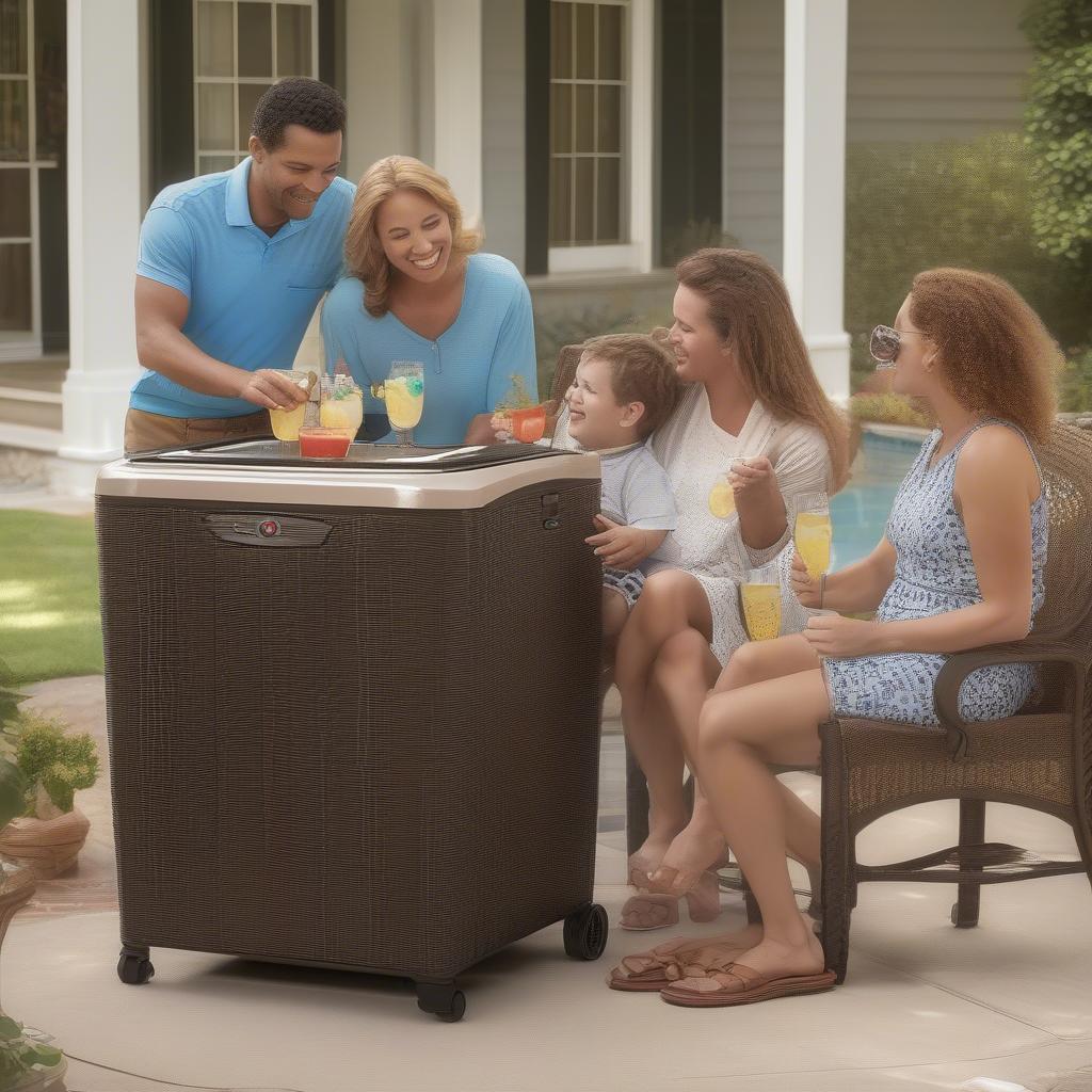 Family enjoying drinks by their resin wicker cooler cabinet.