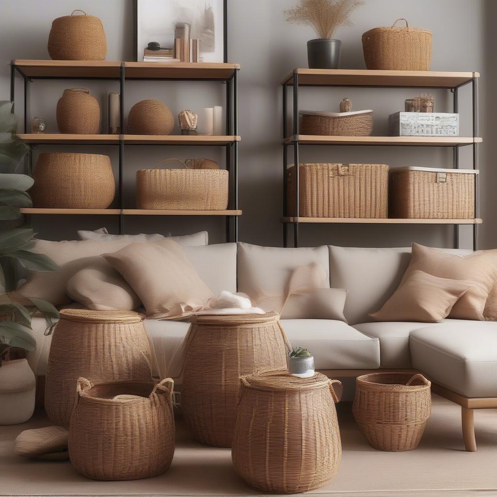 Faux wicker storage baskets in a living room setting