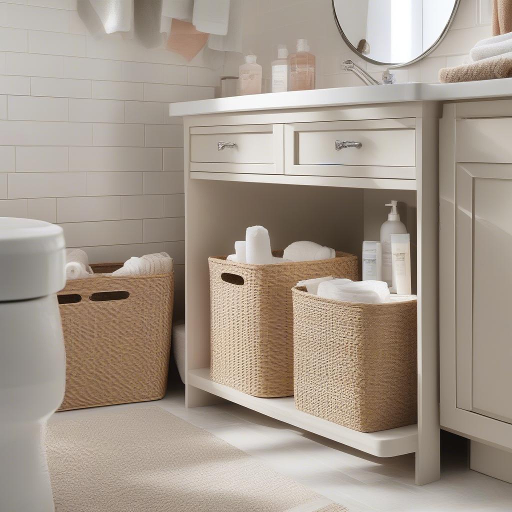 Faux Wicker Storage Bins in a Bathroom Setting