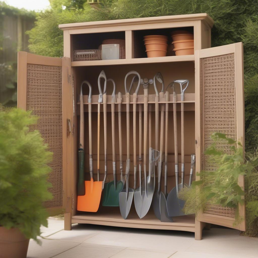 A faux wicker storage cabinet neatly organizes garden tools.