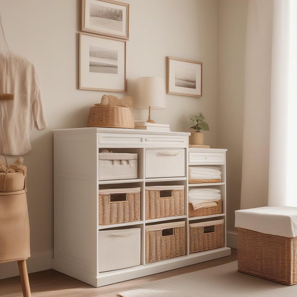 Five Drawer Wicker Basket Storage Unit in a Bedroom