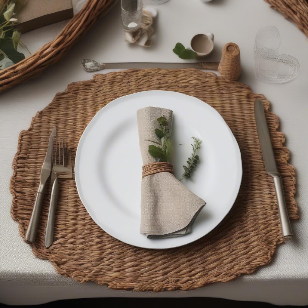 Flat wicker napkin holder on a beautifully set table.