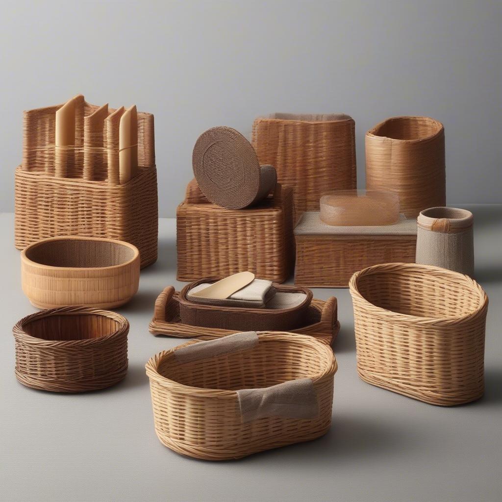 Flat wicker napkin holders in various shapes and sizes.