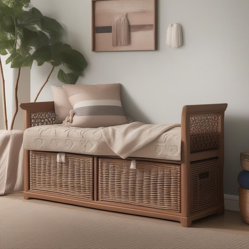 Freddy Wicker Storage Bench in a Living Room Setting