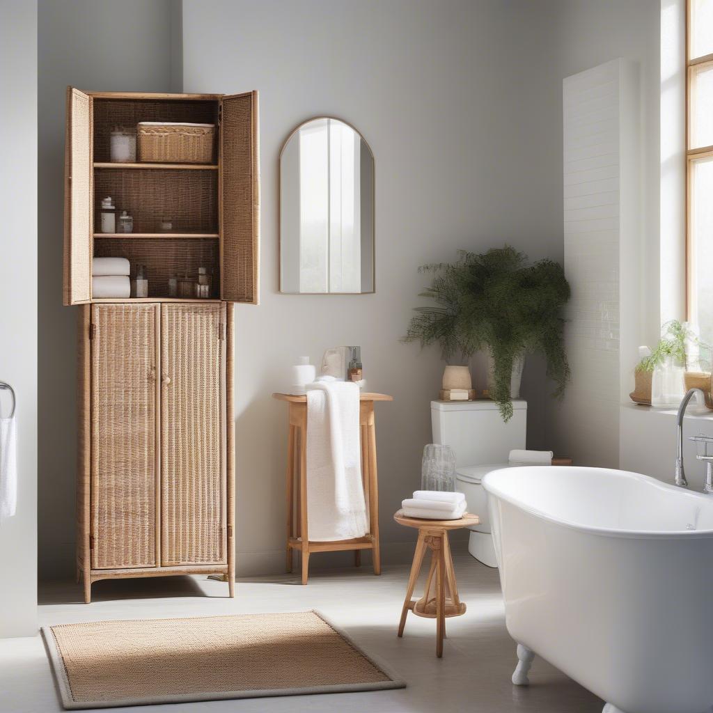 Free standing wicker bathroom cabinet with natural elegance, adding a touch of rustic charm to a modern bathroom.