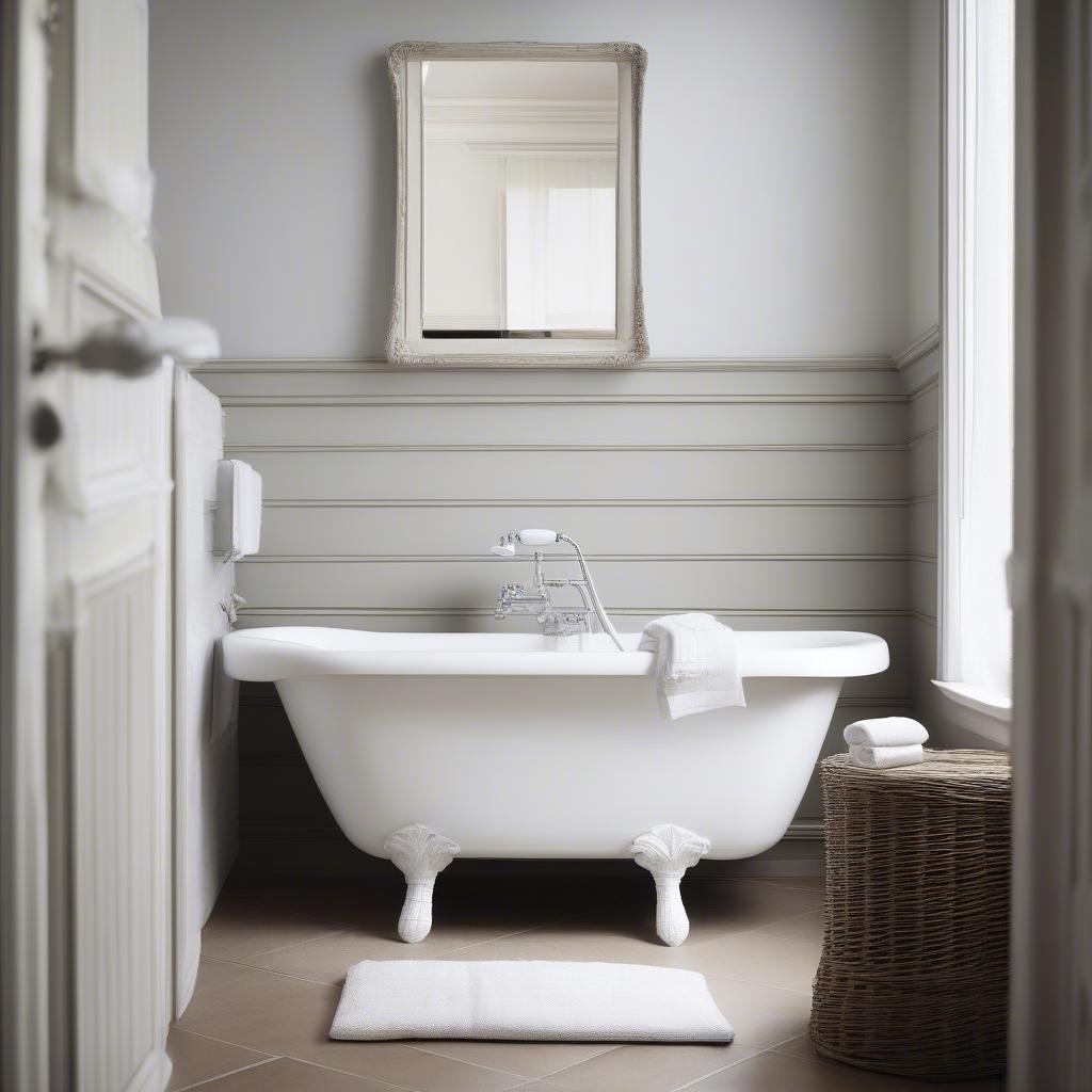 Freestanding white wicker toilet roll holder next to a bathtub