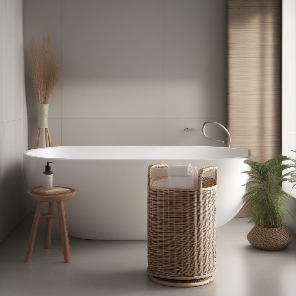 Freestanding wicker paper holder on a bathroom floor