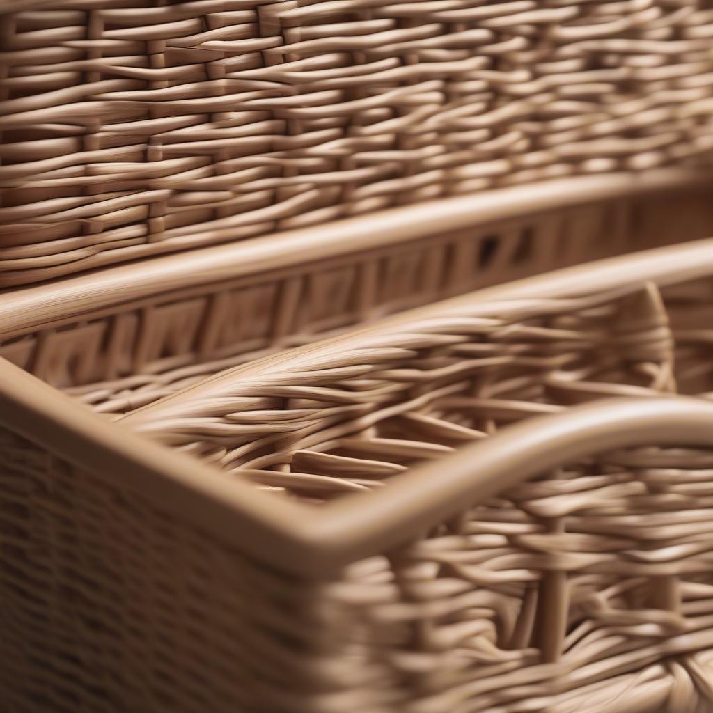 Close-up view of the Frida wicker storage bench, showcasing the intricate weaving details and the natural rattan material.