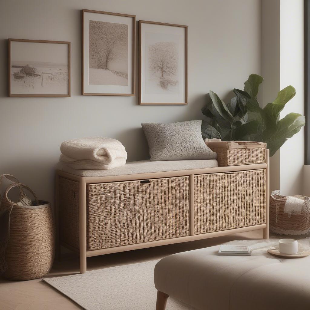 Front Tip Out Wicker Storage in a Living Room Setting